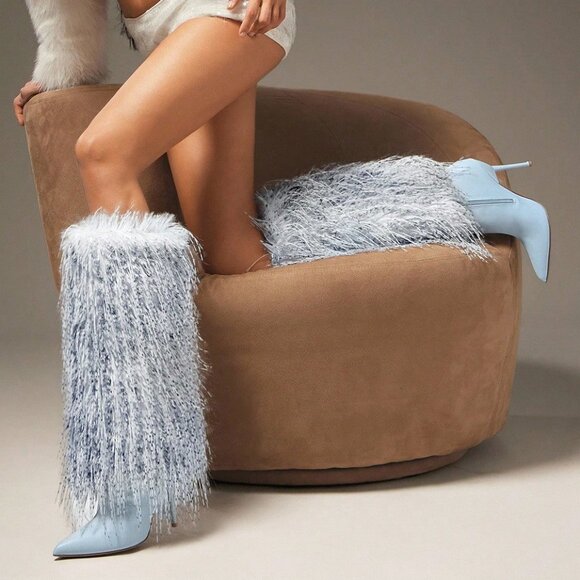 Baby Blue Women's Statement Maker Furry Stiletto Heel Boots - Picture 3 of 7